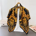 Vintage palace style satin silk scarf with gold baroque floral pattern on black background - Black (FM209-1)