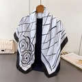 Elegant floral satin silk scarf with black and white camellia print and grid patterns - 90*90cm / White (FM214-2)