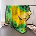 Peacock print satin square scarf with vibrant green and yellow floral patterns - 90*90cm / Green