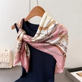 Detailed view of luxury satin square scarf with pink gold chain and belt print design - Pink (FM226-2)