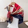 Detail of luxury silk-like scarf with vintage chain print and elegant tassels - Navy Blue (FM226-3)