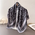 Close-up of leopard print silk scarf with geometric grey borders and silky texture - 90*90cm / Grey(FM265-1)
