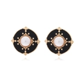 Vintage round button stud earrings with gold metal, black enamel and white pearl center - Black