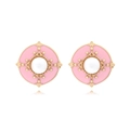 Vintage gold and pink enamel button earrings with center pearl and ornate metal filigree - Pink