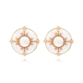 Retro round button earrings with white enamel and centered pearl in golden finish - White