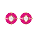 Retro round button stud earrings with pink enamel, faux pearl, and gold floral border - Rose Red