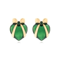 Detailed close-up of dark green enamel heart earrings with gold bow and tiny center diamond - Green