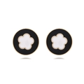 Chic round earrings with white flower petals on a black base and golden edge - Black & White