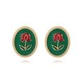Vintage oval gold-framed earrings with green enamel and red rose floral pattern - Red and Green