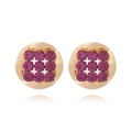 Golden round stud earrings with pink purple rhinestones in a modern textured alloy setting - Purple