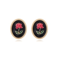 Vintage oval floral stud earrings with black enamel and red flower patterns on white background - Black