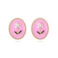 Retro oval enamel flower stud earrings with gold textured border and pink floral center - Pink