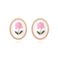 Vintage oval enamel stud earrings with gold woven border and floral lotus design - White