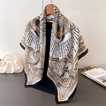 Elegant baroque print silk scarf with golden scrolls on a wooden hanger display - 90*90cm / White (FM278-1)