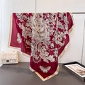 Elegant burgundy silk-feel square scarf featuring white peony and butterfly floral patterns - 90x90cm / Red (FM287-1)