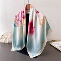 Detail of elegant peony print scarf with silky texture hanging on wooden hanger - White (FM277-4)