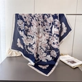 Navy silk-like scarf with baroque floral and bird prints featuring a white border edge - 90x90cm / Navy Blue (FM287-2)