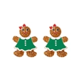Orecchini a forma di omino di pan di zenzero con strass e fiocco rosso su bianco - Ragazza di Pan di Zenzero in Vestito Verde / Colorato