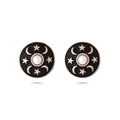 Vintage gold star and moon enamel round earrings with faux pearl center on white base - Black