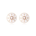 Macro detail of round enamel earrings with pearl center and golden star moon motifs - White