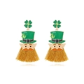 St. Patrick's Day leprechaun tassel earrings with green clover hat and orange fringe - Green