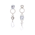 Asymmetric long crystal teardrop earrings with silver geometric rhinestones and dangling jewels - Silver