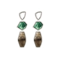 Detail of geometric drop earrings with multi-color resin layers and crystal border - White/Green/Brown Splicing