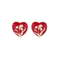 Vintage gold heart earrings with red enamel and embossed flower pattern for women - Red