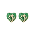 Detail view of heart earrings with green enamel and gold iris floral relief pattern - Green