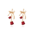 Elegant gold bow earrings with red enamel rose pendants on a clean white background - Red Gold