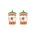 Enamel carousel horse drop earrings with colorful gold finish on white background - Green