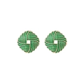 Detailed view of square green enamel earrings with gold woven pattern and hollow center - Green