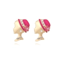Vintage gold-plated lady silhouette earrings with rose red hat and faux pearls - Rose Red