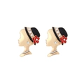 Vintage gold alloy earrings featuring a lady in a black hat with a red flower detail - Black