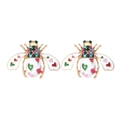 Vintage gold bee stud earrings with colorful crystals and white enamel heart details - AB White