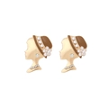 Vintage gold alloy earrings with floral hat lady silhouette and faux pearls on white background - Camel