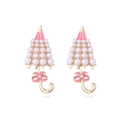 Orecchini a perno a ombrello dorati con perle bianche e fiocco in smalto rosa su fondo bianco - Orecchini a lobo a forma di ombrello con fiocco rosa / Rosa