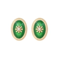 Vintage oval green enamel earrings with gold floral design and crystal accent - Green