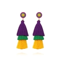 Three-tier purple green yellow tassel earrings with beaded studs on white background - Purple/Green/Yellow Multi-color