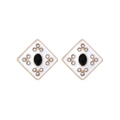 Boucles d'oreilles carrées rétro avec émail blanc et pierre centrale noire ovale - Blanc