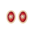 Vintage gold-tone oval earrings with red enamel flower and clear zircon center - Red