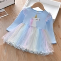 Blue long-sleeve princess dress for girls with unicorn embroidery and rainbow tulle skirt - 90cm / Light Blue
