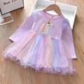 Girls long sleeve light purple unicorn dress with rainbow mesh skirt and sequins - 90cm / Purple