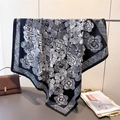 Detail of silk satin square scarf featuring vintage black and white camellia floral prints - Black