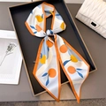 Summer silk feel skinny scarf with orange lemon pattern in light blue and orange border - Light Blue Orange Print (Orange Border)