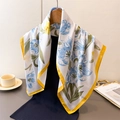 Elegant silk scarf with blue tulip floral print and yellow borders on wooden hanger - 70cmx70cm / Yellow (Blue Tulip/Yellow Border)