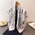 Silk-like floral square scarf with elegant petal print on a white satin base shawl - 70cmx70cm / Green (Gray-Blue Tulip/Pink Border)