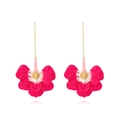 Detail of elegant purple enamel flower earrings with long gold hooks on white background - Rose Red