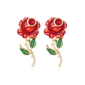 Orecchini a rosa in smalto rosso vivace con foglie verdi e steli finitura oro - Colorato