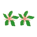 Green and pink enamel flower drop earrings with golden trim on white background - Green